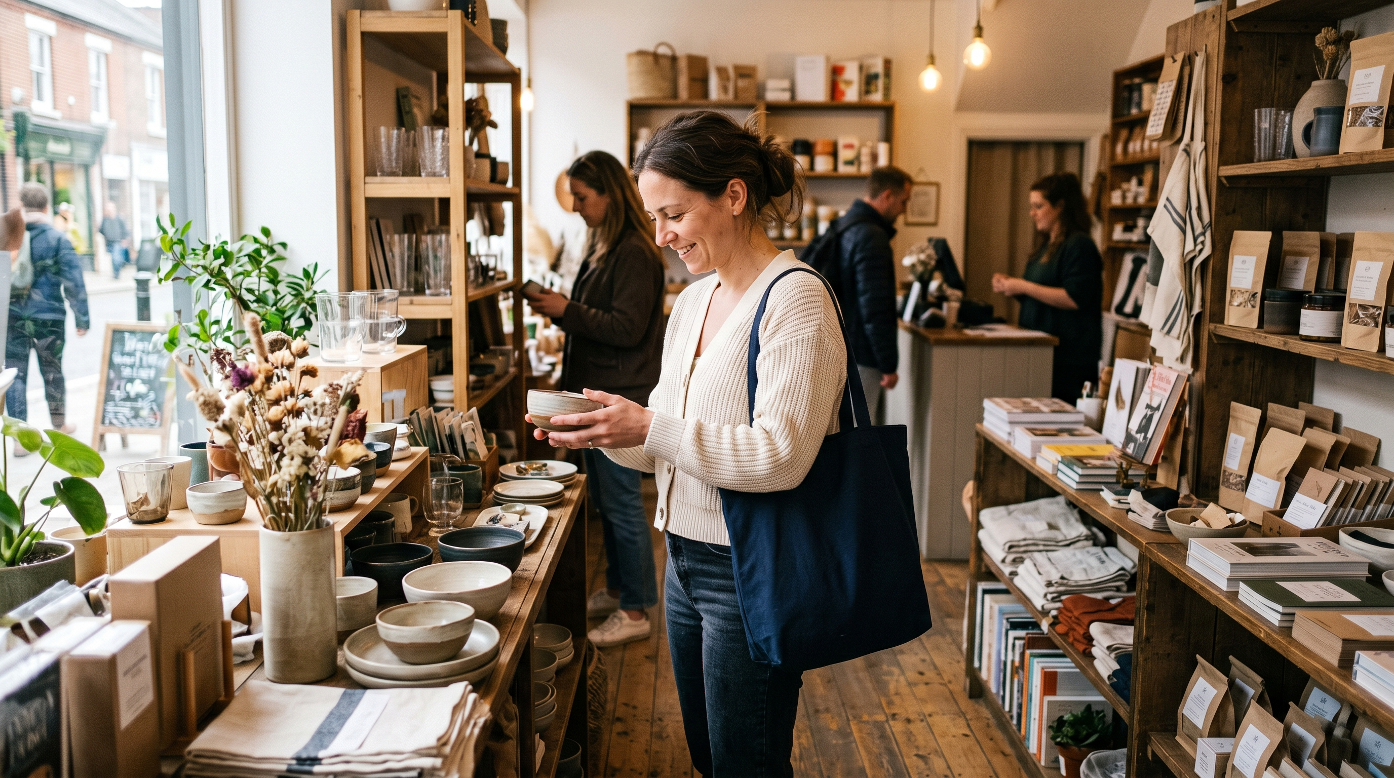Specialty retail shop with customers using a QR code to browse and pay