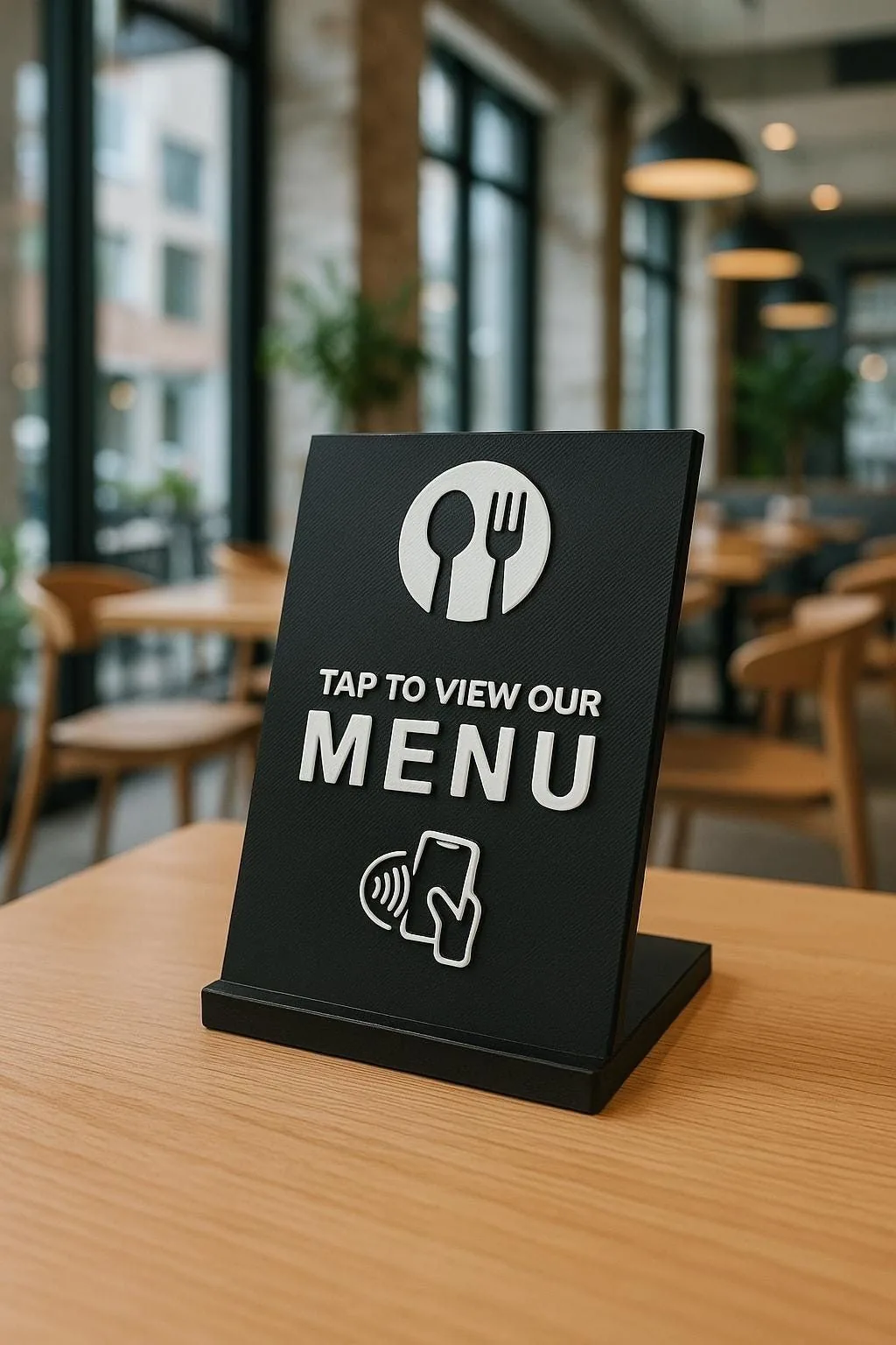 Black 3D-printed tap-to-view-menu stand on a light wood table