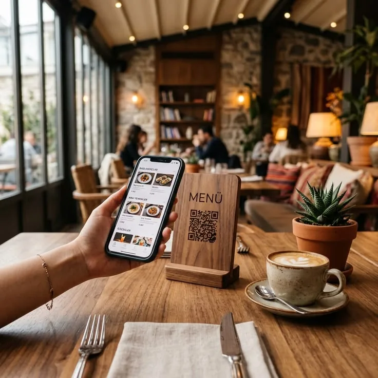 Guest scanning a QR menu card on a restaurant table