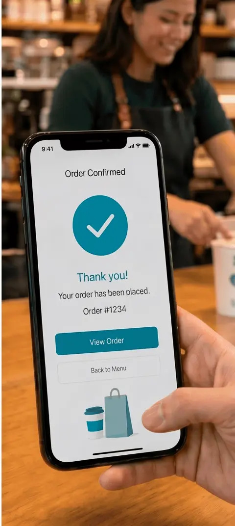 Un pedido confirmado de QRwise en un teléfono frente a una barista sonriendo detrás de la barra