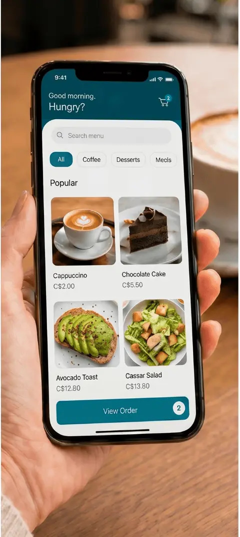 El menú de QRwise abierto en un teléfono, con capuchino, pastel, tostada de aguacate y ensalada con precios en dólares canadienses