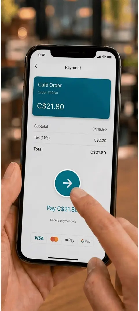 La pantalla de pago de QRwise en un teléfono con un pedido de cafetería de C$21,80, subtotal, impuesto y opciones de tarjeta