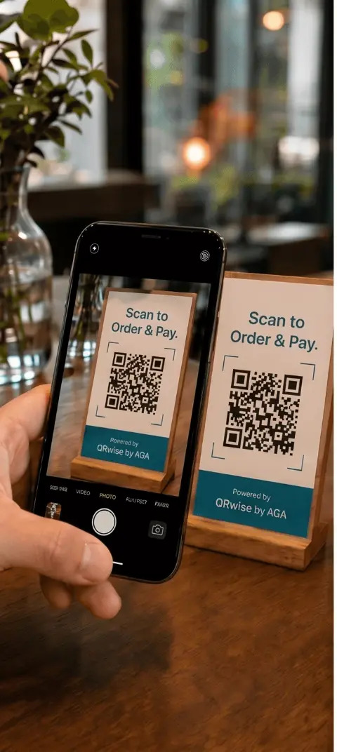 Un cliente apunta la cámara del teléfono a una tarjeta QRwise sobre la mesa de madera de una cafetería