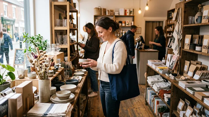 Tienda especializada con clientes usando un QR para navegar y pagar